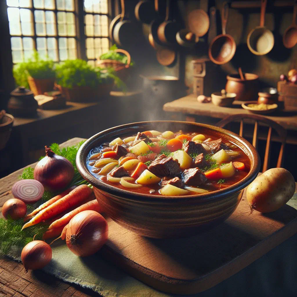 A hearty bowl of Boerenstoofpot with tender beef, carrots and potatoes