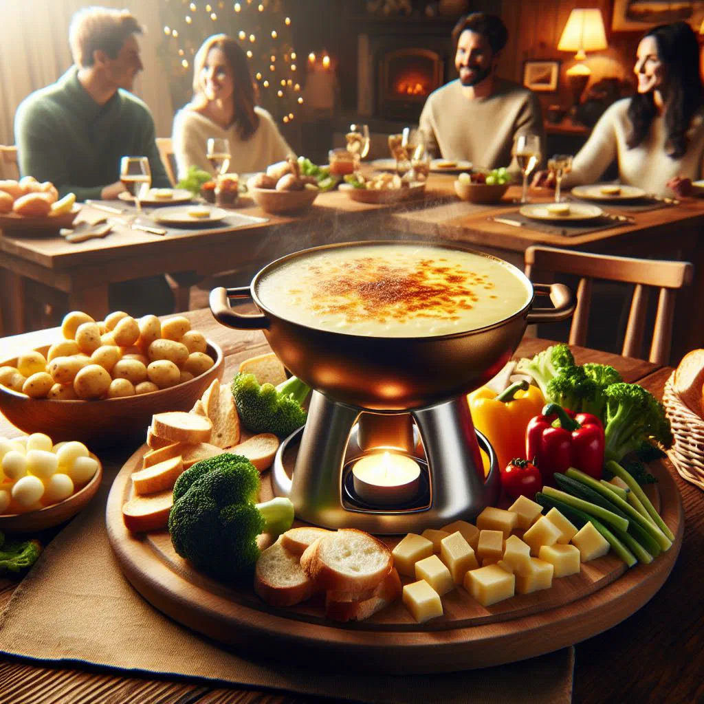A pot of melted Dutch cheese fondue with cubes of bread and fresh vegetables for dipping