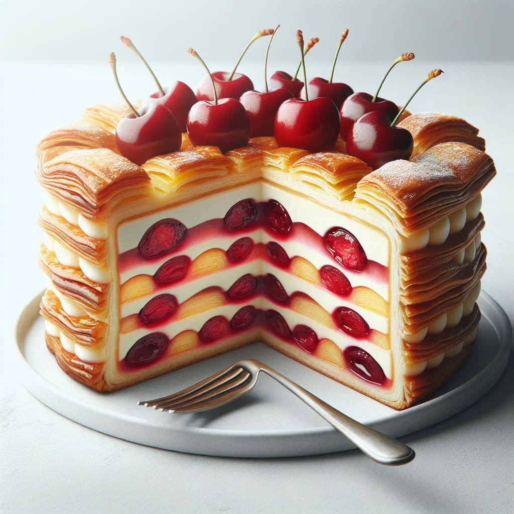 Layered cherry cream cake topped with whipped cream and glossy cherries