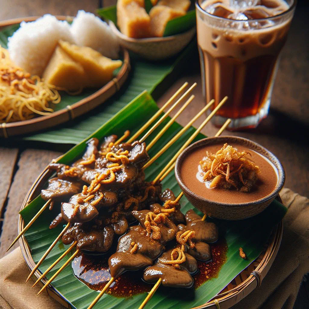 Grilled chicken liver satay skewers with peanut sauce and fresh herbs
