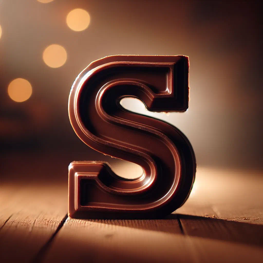 Moulded chocolate letter dusted with chopped nuts on a festive plate