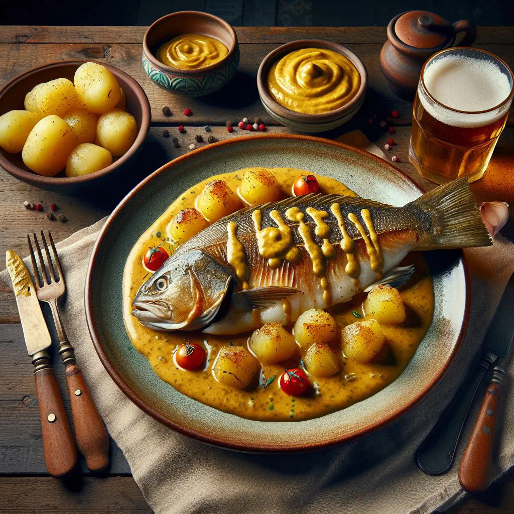 Pan-fried cod fillet in creamy mustard sauce with parsley