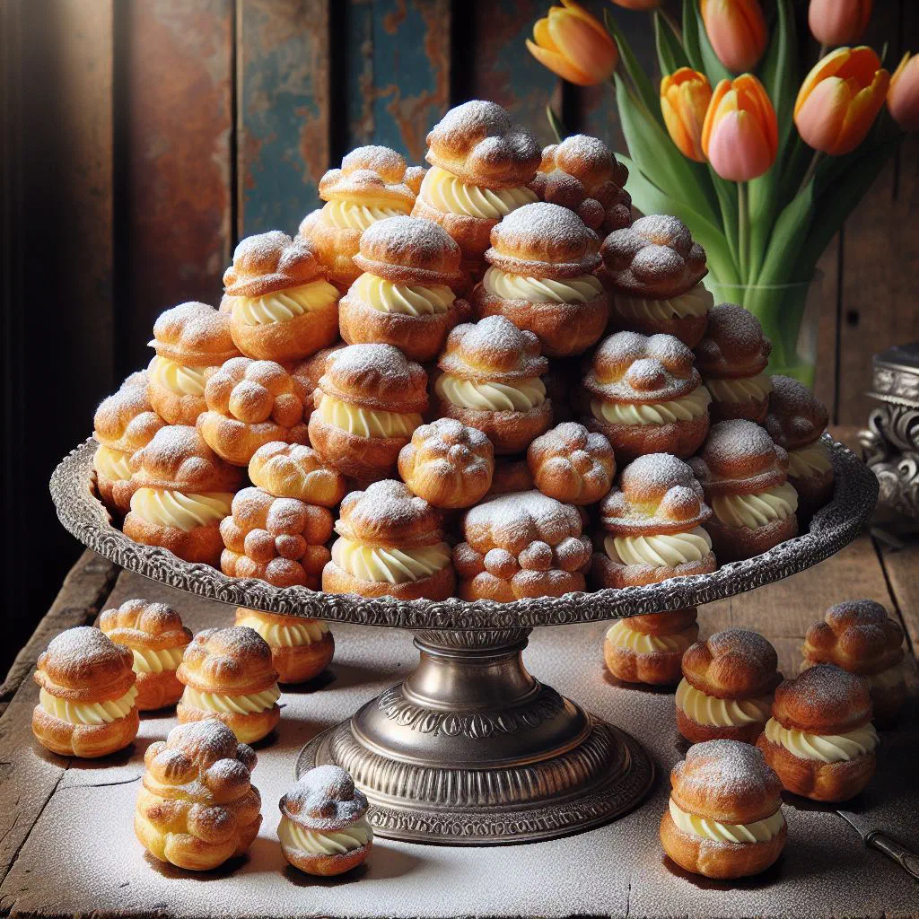 Golden cream puffs filled with whipped cream and dusted with icing sugar