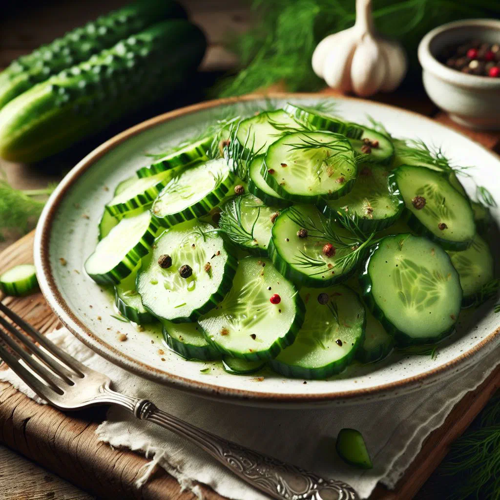 Sliced cucumber salad dressed with creamy mint vinaigrette in a bowl
