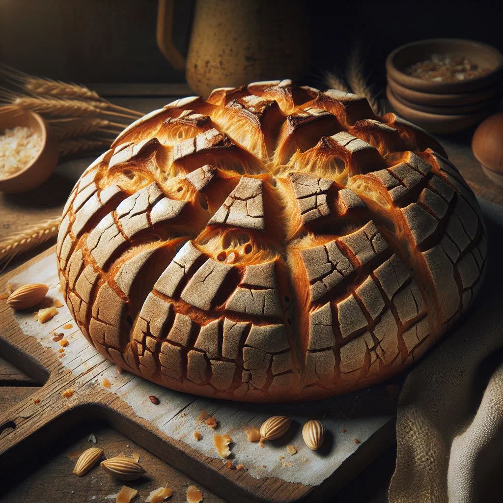 Golden Duivekater sweet bread dusted with sugar on a wooden board