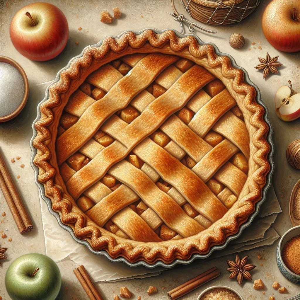 Golden Dutch apple pie with a lattice crust and cinnamon-spiced apple filling