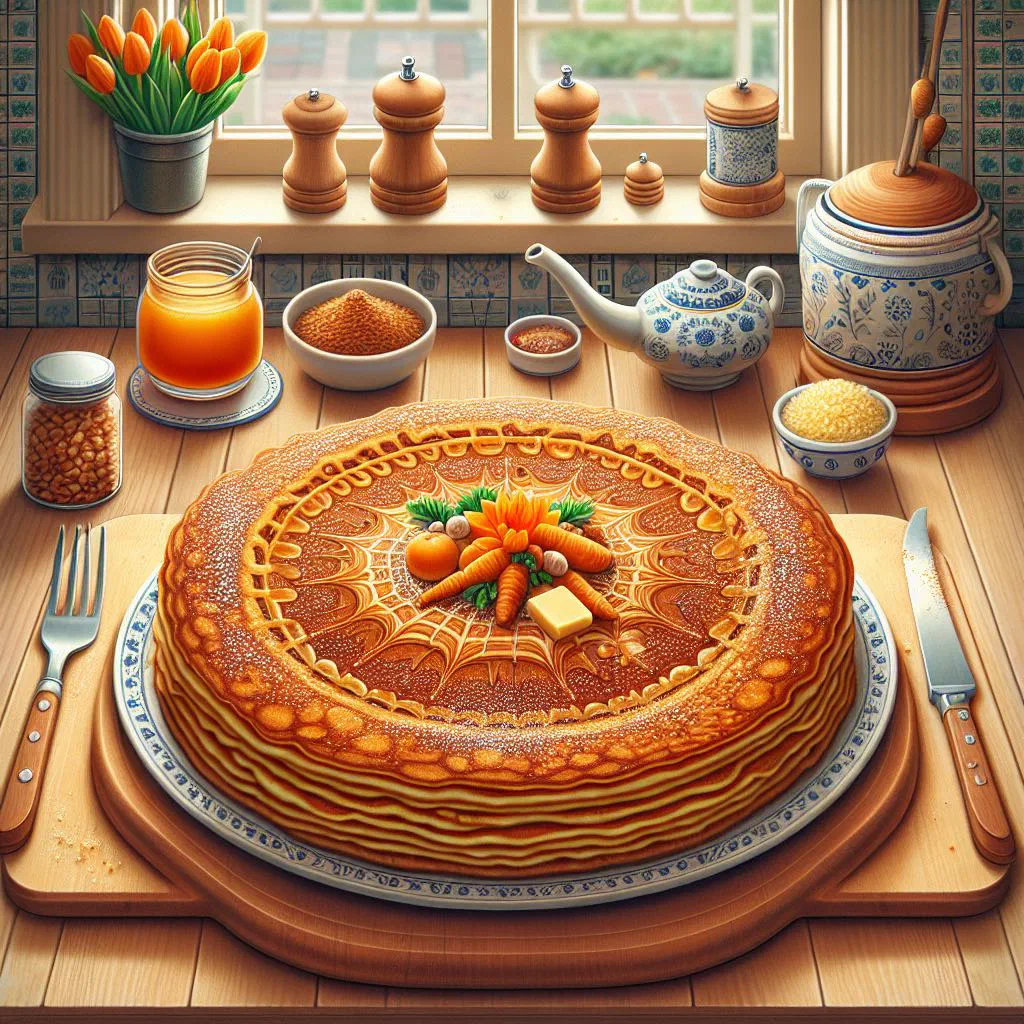 Stack of golden Dutch egg pancakes dusted with icing sugar and fresh fruit