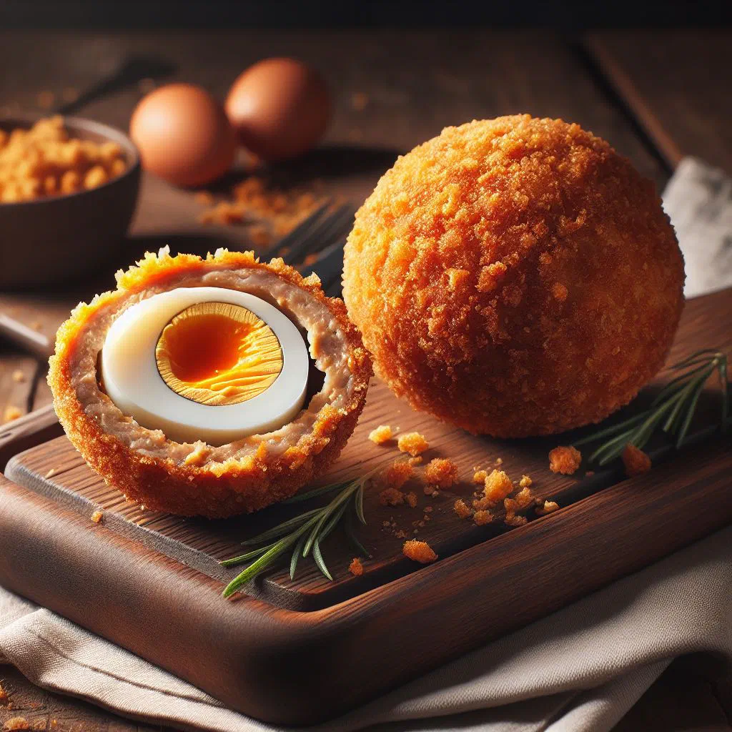 Golden deep-fried Dutch eierballen on a serving plate
