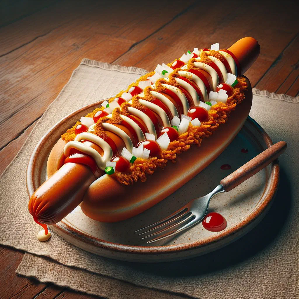 Frikandel speciaal split open with curry sauce, mayonnaise and chopped onions over chips