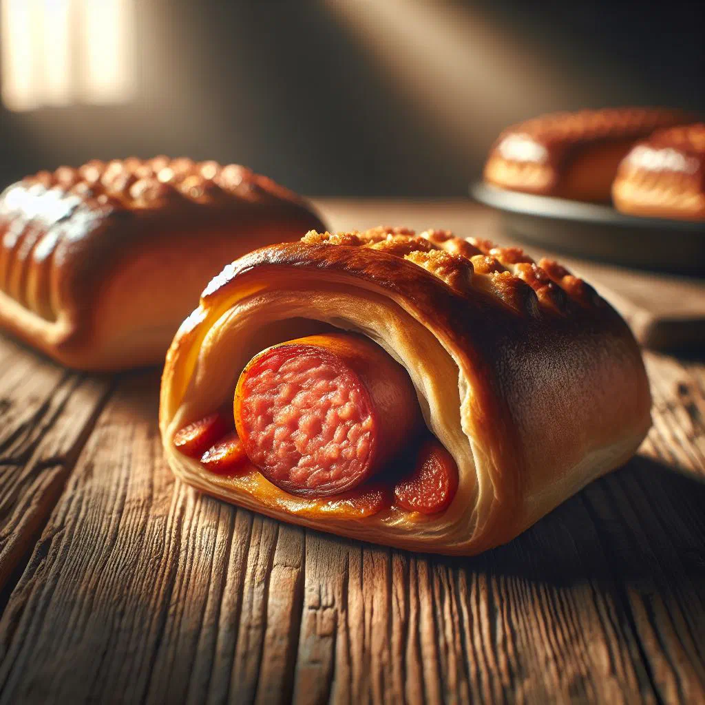 Golden baked frikandelbroodjes pastries with a crisp puff-pastry crust