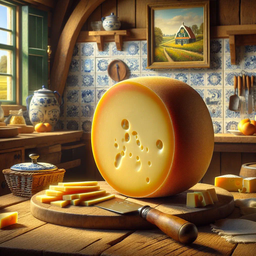 Wedges of Gouda cheese on a wooden board with fresh herbs