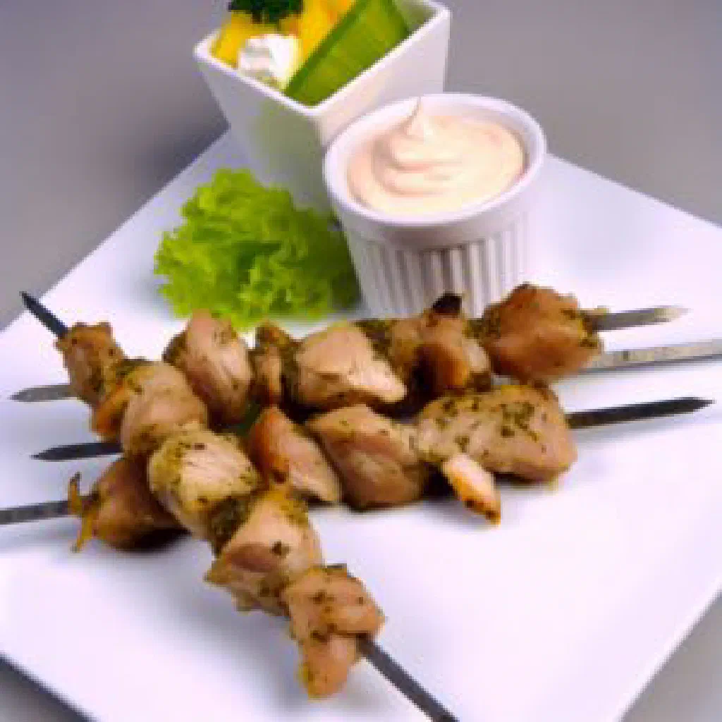 Marinated Dutch chicken skewers grilled golden brown on wooden sticks