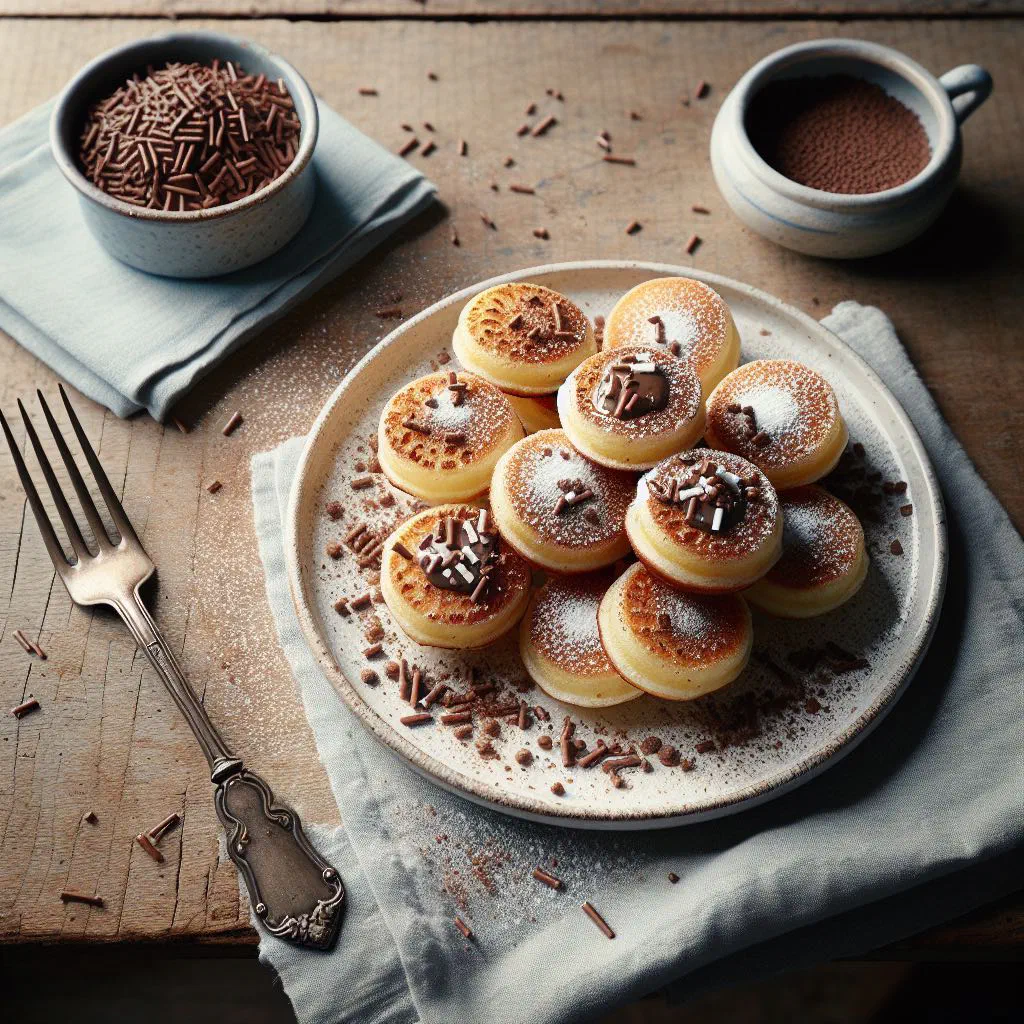 Fluffy mini poffertjes topped with chocolate sprinkles on a plate