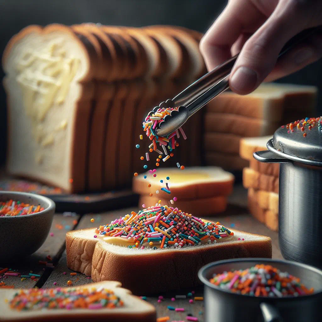 Slice of buttered bread topped with chocolate hagelslag sprinkles