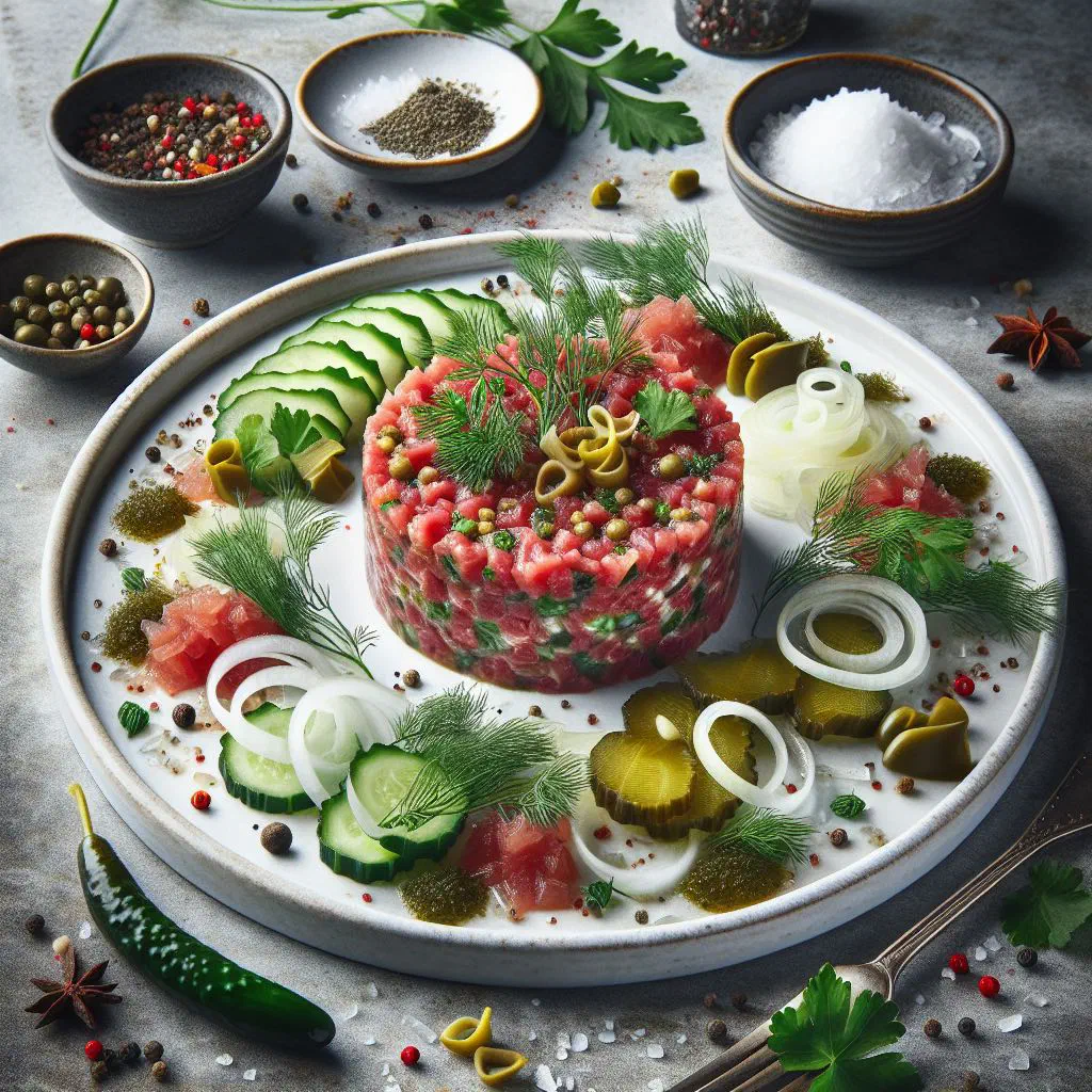 Fresh herring tartare with red onion, dill and capers served on small plates