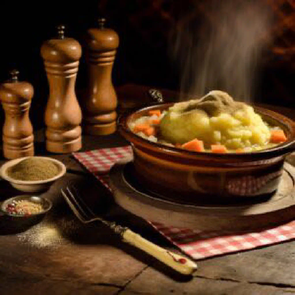 Bowl of mashed hutspot with potatoes, carrots and onions