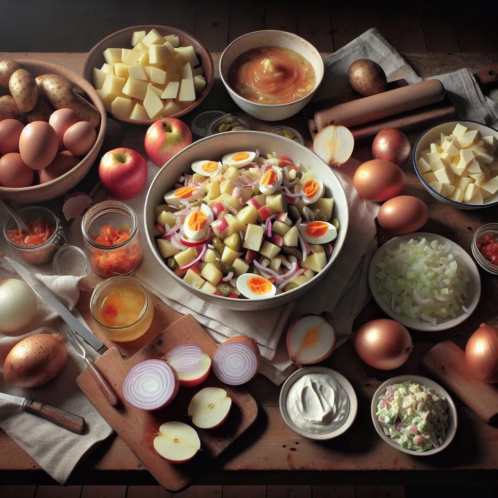 Creamy Dutch huzarensalade with diced potato, ham and peas garnished with parsley