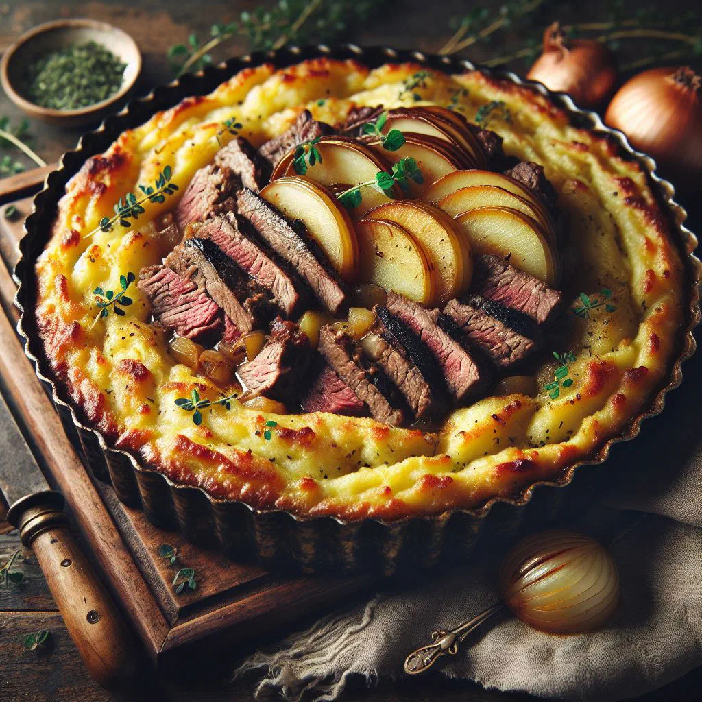 Hearty Dutch jachtschotel with tender beef, vegetables and potatoes in a rustic dish