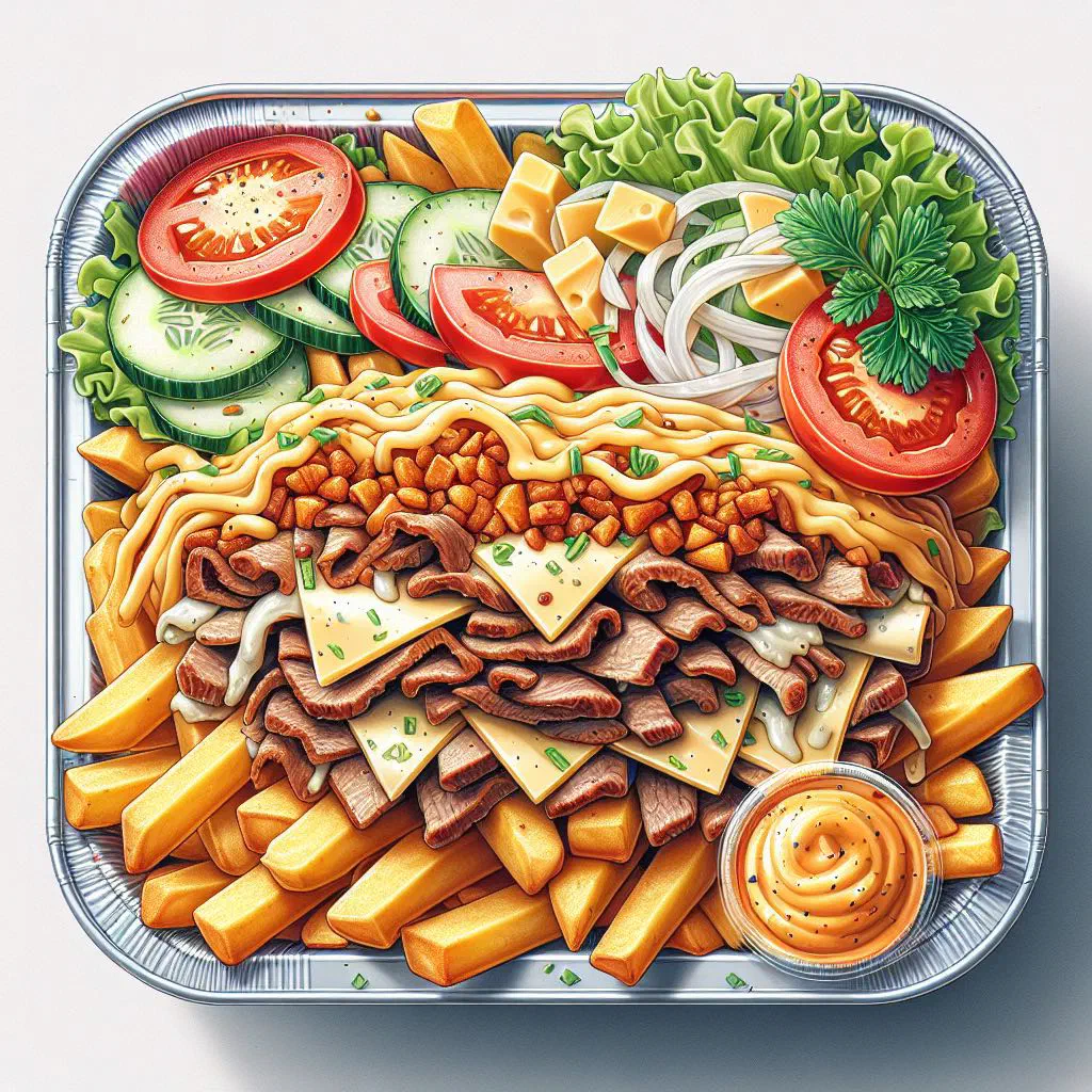 Kapsalon with chips, doner meat, melted cheese and fresh salad in a tray