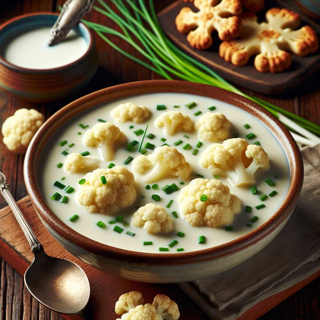 Creamy Dutch buttermilk cauliflower soup garnished with fresh herbs