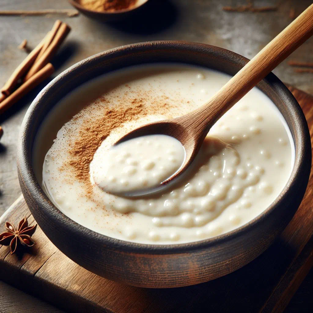A warm bowl of Dutch buttermilk semolina porridge dusted with cinnamon and sugar