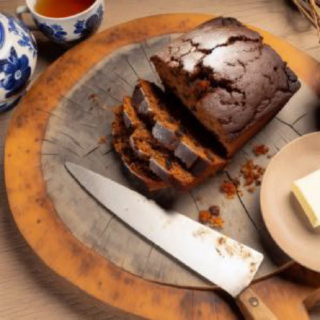Sliced Dutch Kinderdijkse Kruidkoek spice cake on a plate