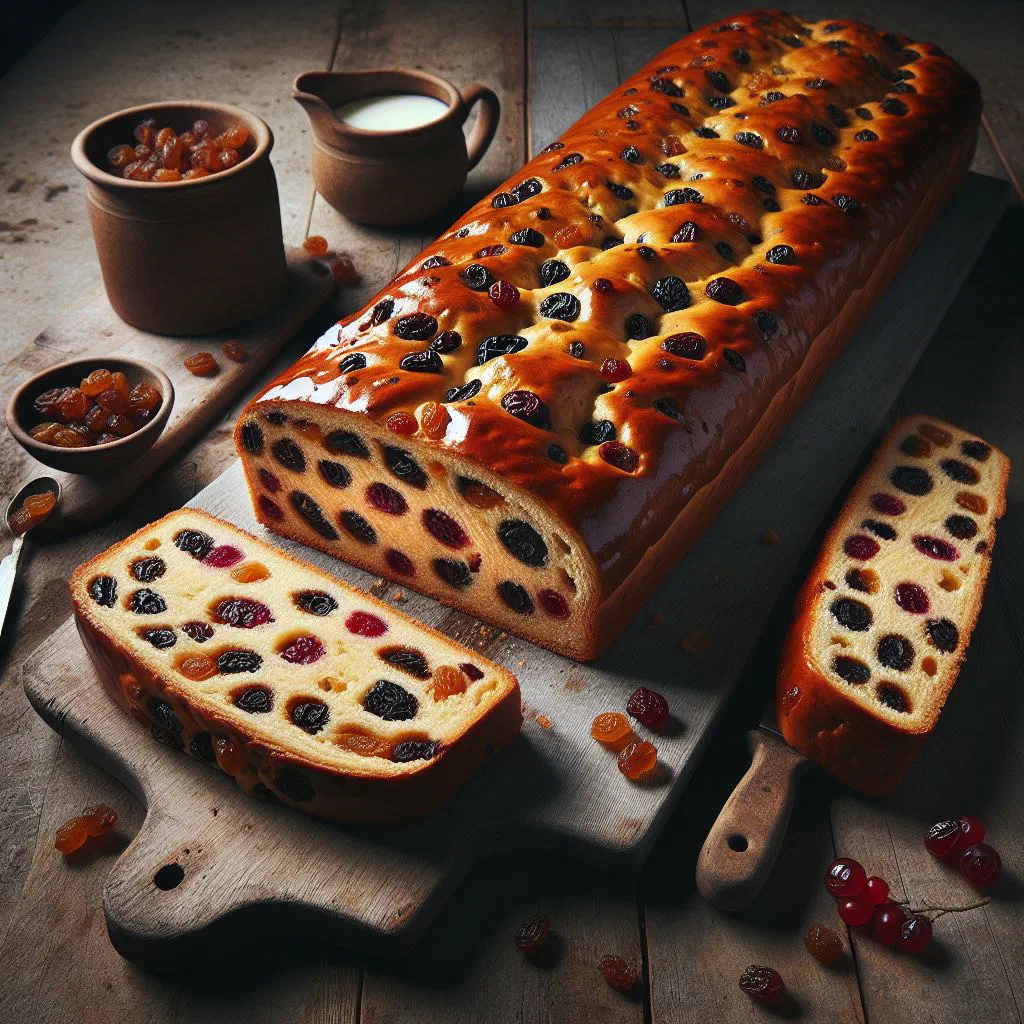 Sliced Krentenwegge, a Dutch sultana yeast loaf, on a wooden board