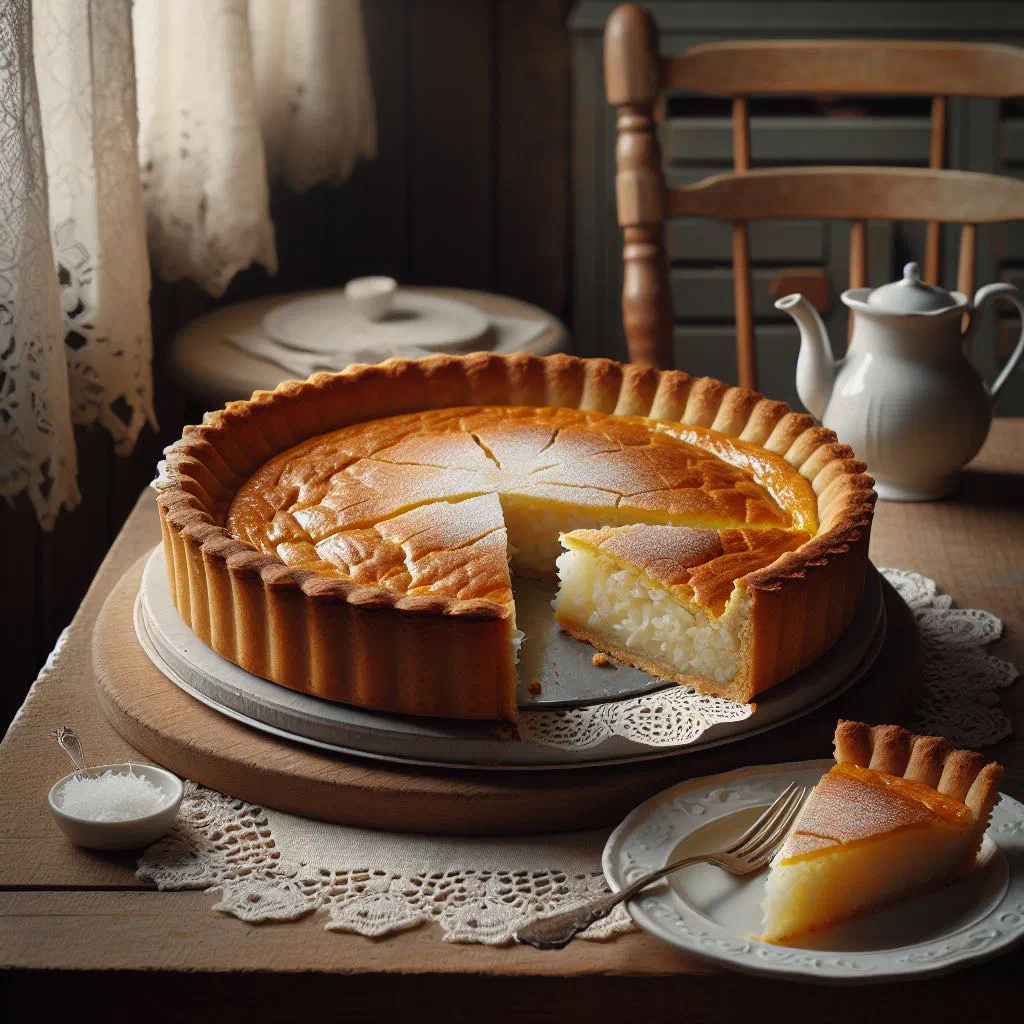 Slice of Limburgse rijsttaart with creamy rice filling and a golden crust
