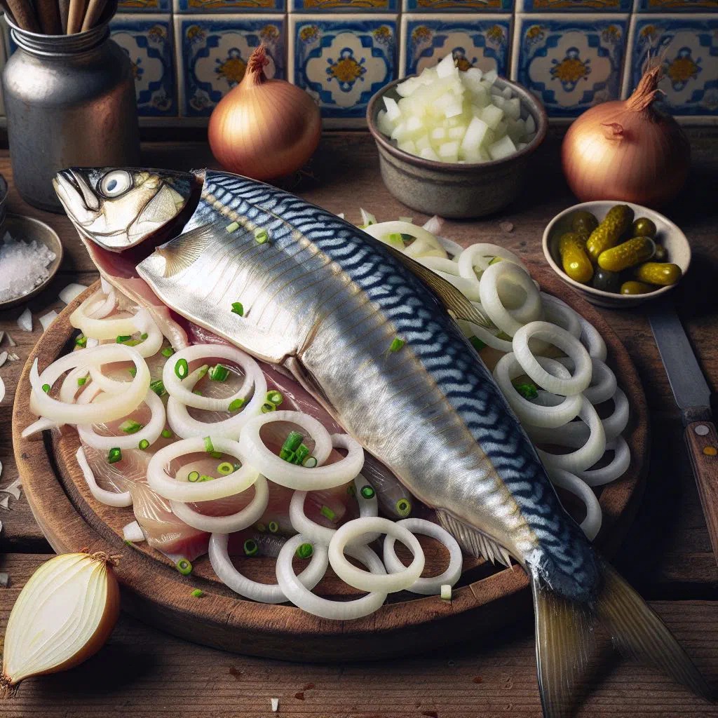 Maatjes herring fillets topped with chopped onion and fresh dill