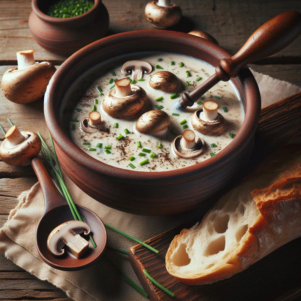 Bowl of creamy Dutch mushroom soup garnished with fresh chives