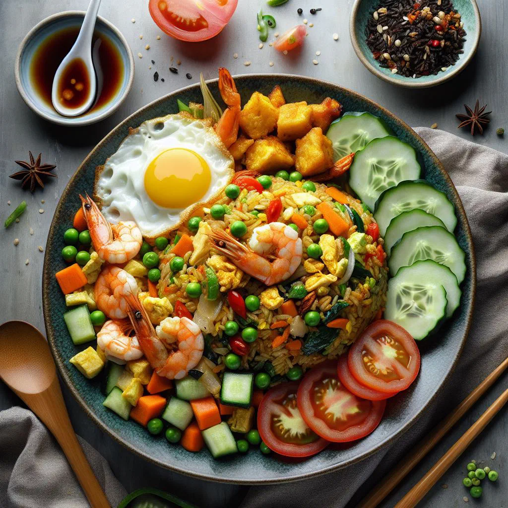 A bowl of nasi goreng topped with a fried egg, spring onions and coriander