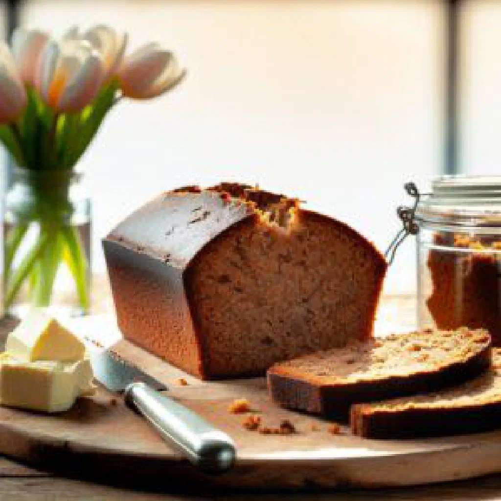 Sliced Dutch ontbijtkoek spice loaf served with butter