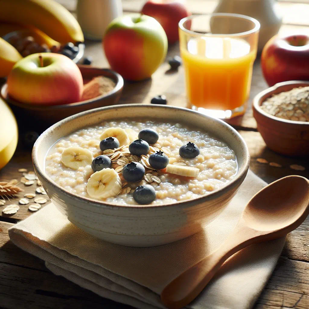 A warm bowl of Dutch ontbijtpap topped with fresh fruit and nuts