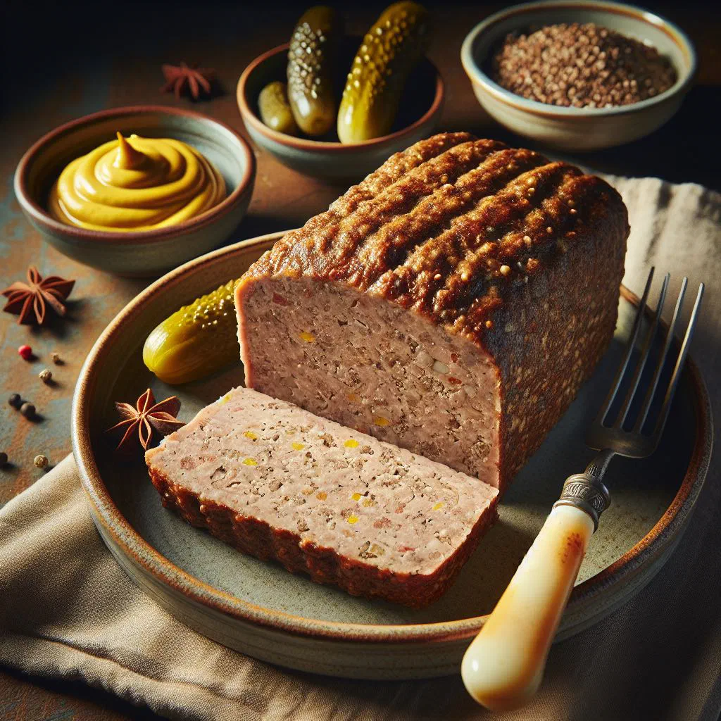 Sliced panhas served with mustard and pickles on a wooden board