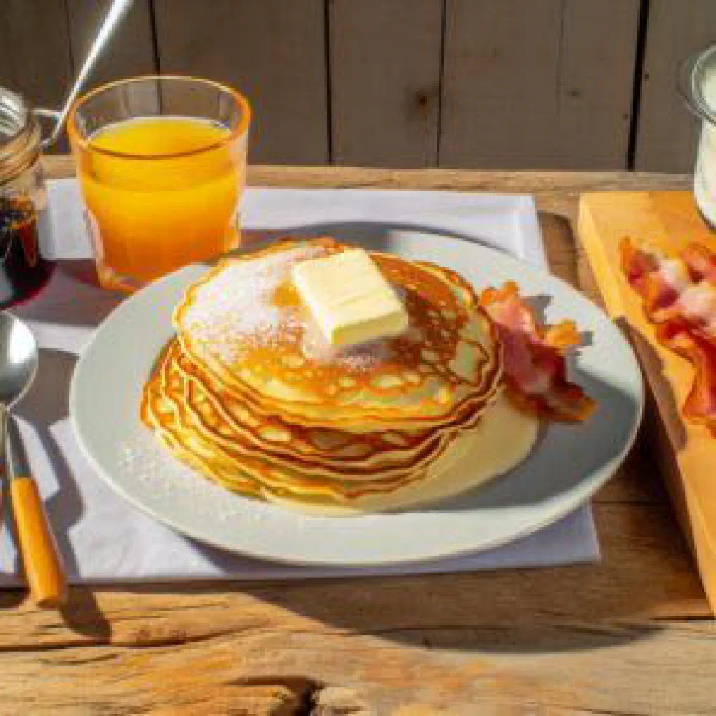 A stack of golden Dutch pannenkoeken dusted with icing sugar