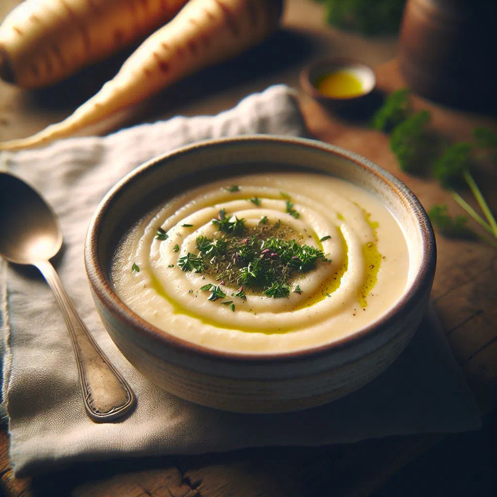 A bowl of creamy parsnip soup garnished with fresh herbs