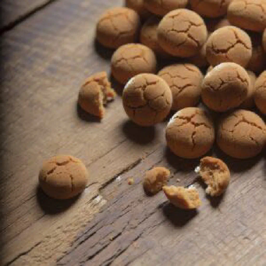 A bowl of small golden-brown Dutch pepernoten spice cookies