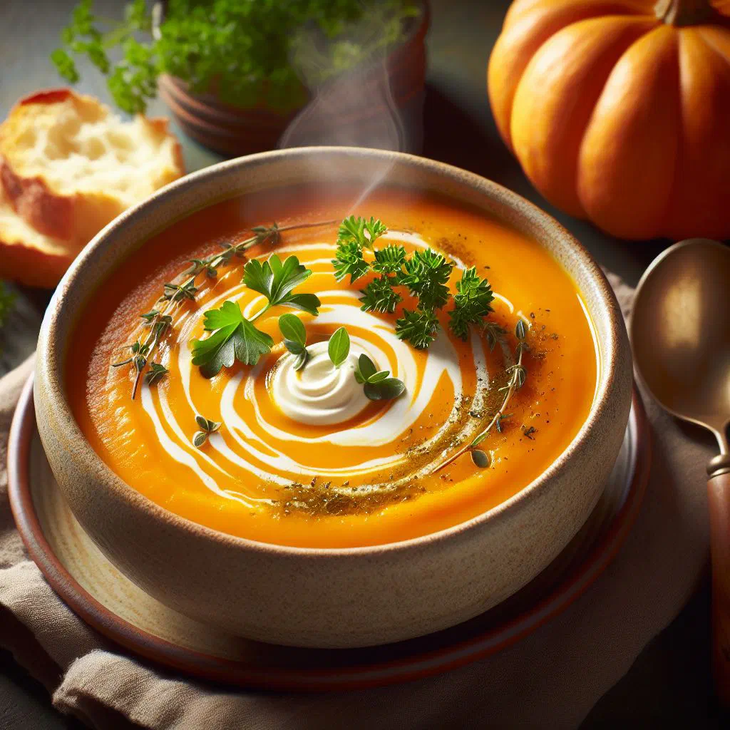 Creamy Dutch pumpkin soup garnished with seeds and a swirl of coconut milk