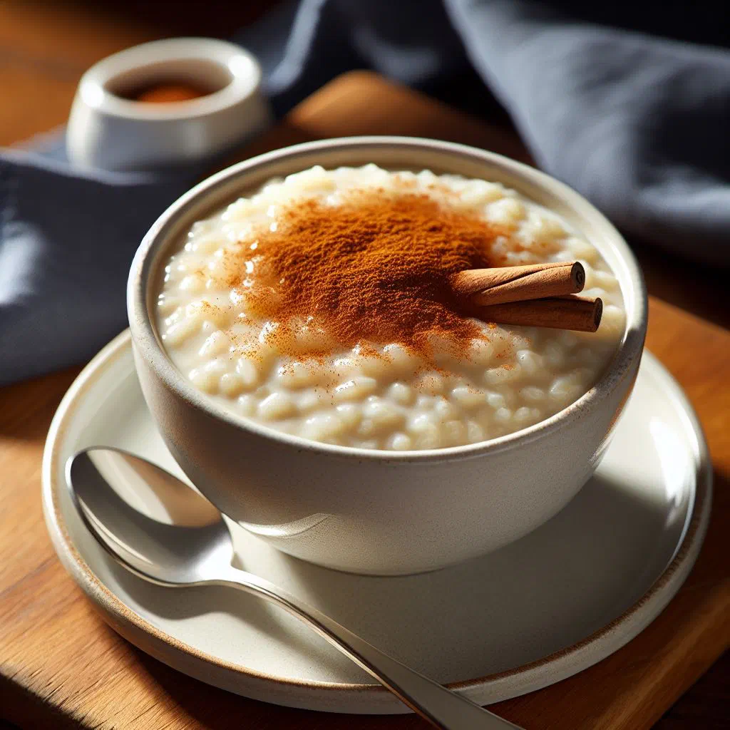 Creamy Dutch rice pudding dusted with cinnamon in a bowl