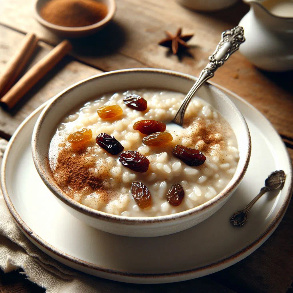 Creamy Dutch rice pudding dusted with cinnamon and sugar in a bowl