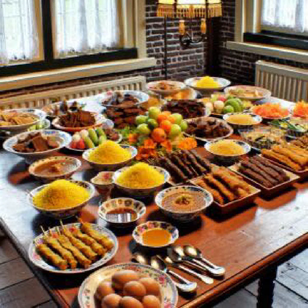 Rijsttafel spread of rice with spiced chicken, vegetables and coconut sauce