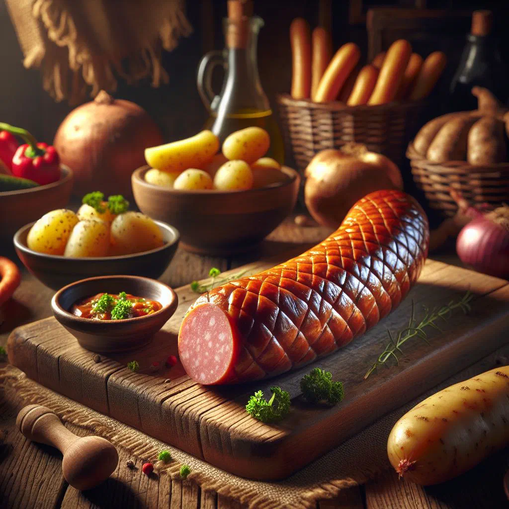 Sliced rookworst smoked sausage with potatoes, carrots and parsley