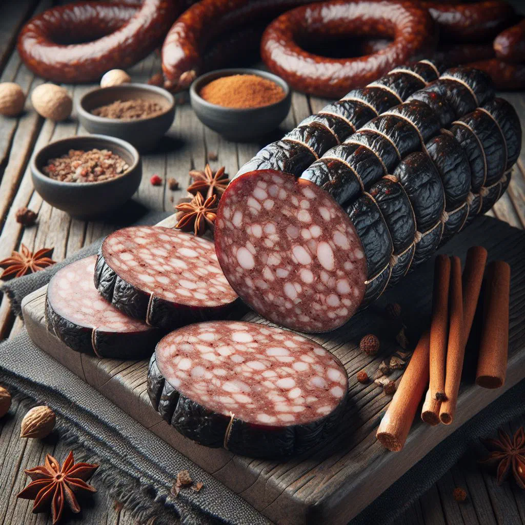 Sliced Rotterdamse ossenworst beef sausage arranged on a board
