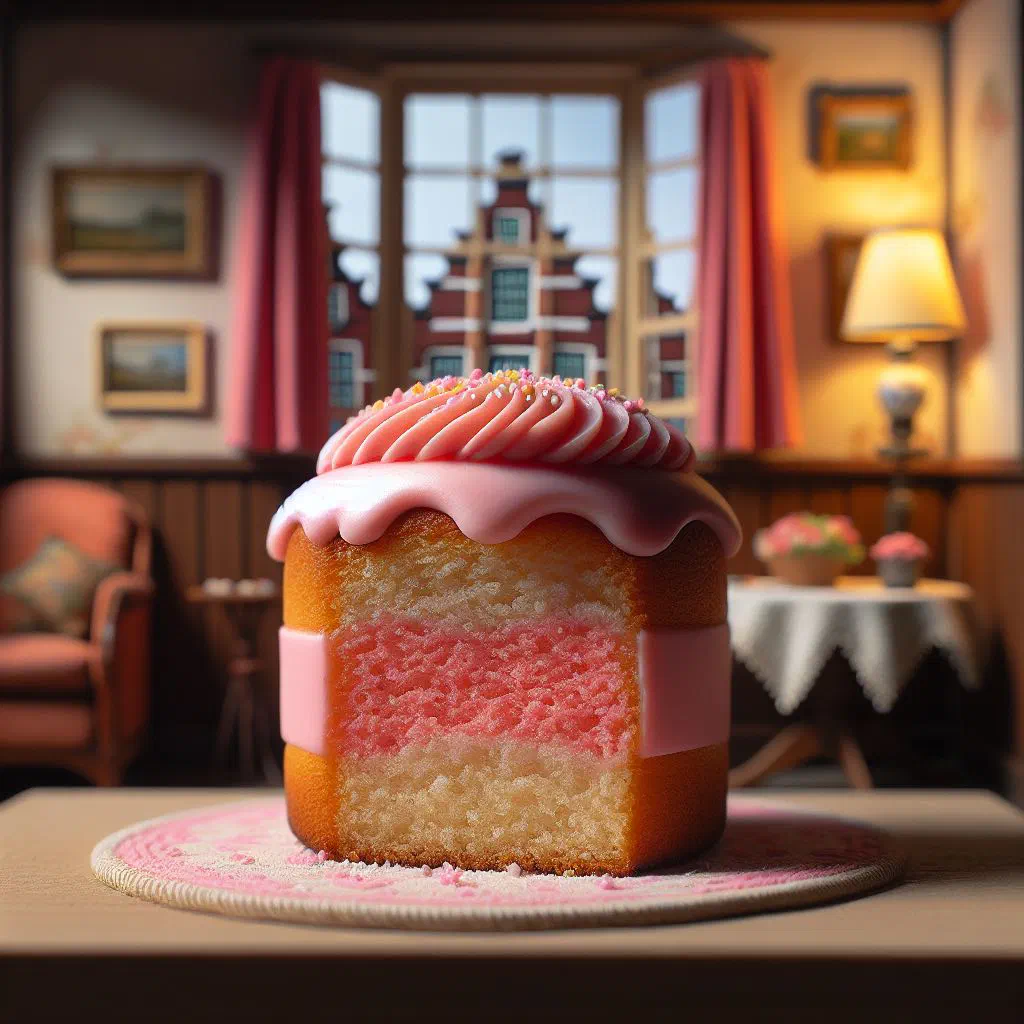 Pink-glazed Dutch roze koek cakes on a plate