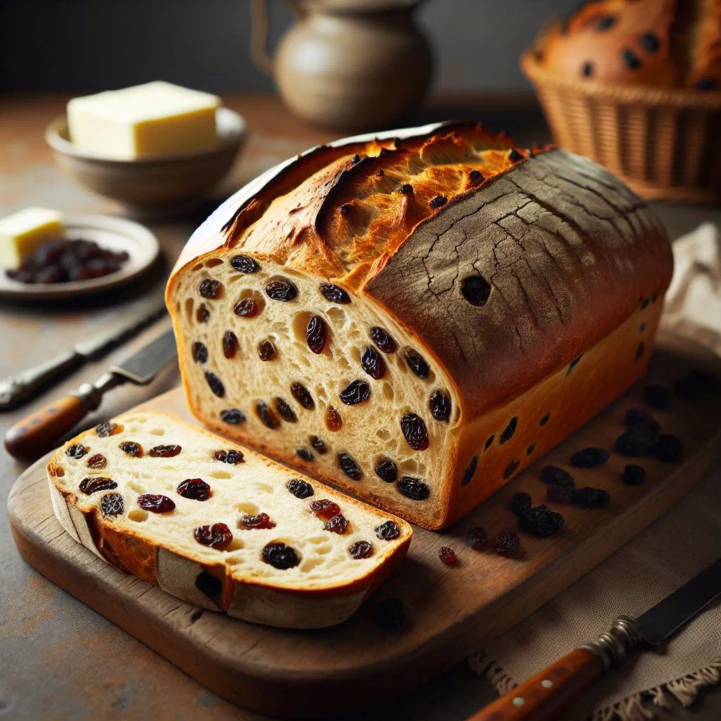 Sliced Dutch rozijnenbrood raisin bread on a wooden board