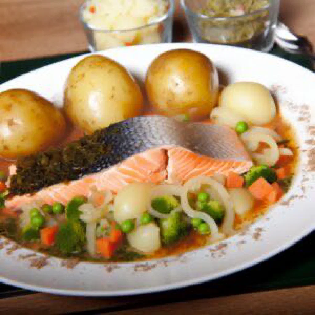 Pan-fried salmon fillet garnished with fresh dill and lemon slices