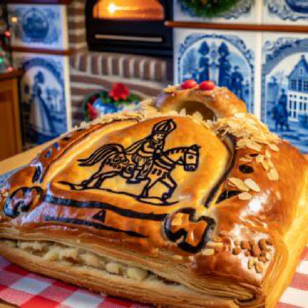 Golden Sinterklaasbanket pastry with almond filling dusted with icing sugar
