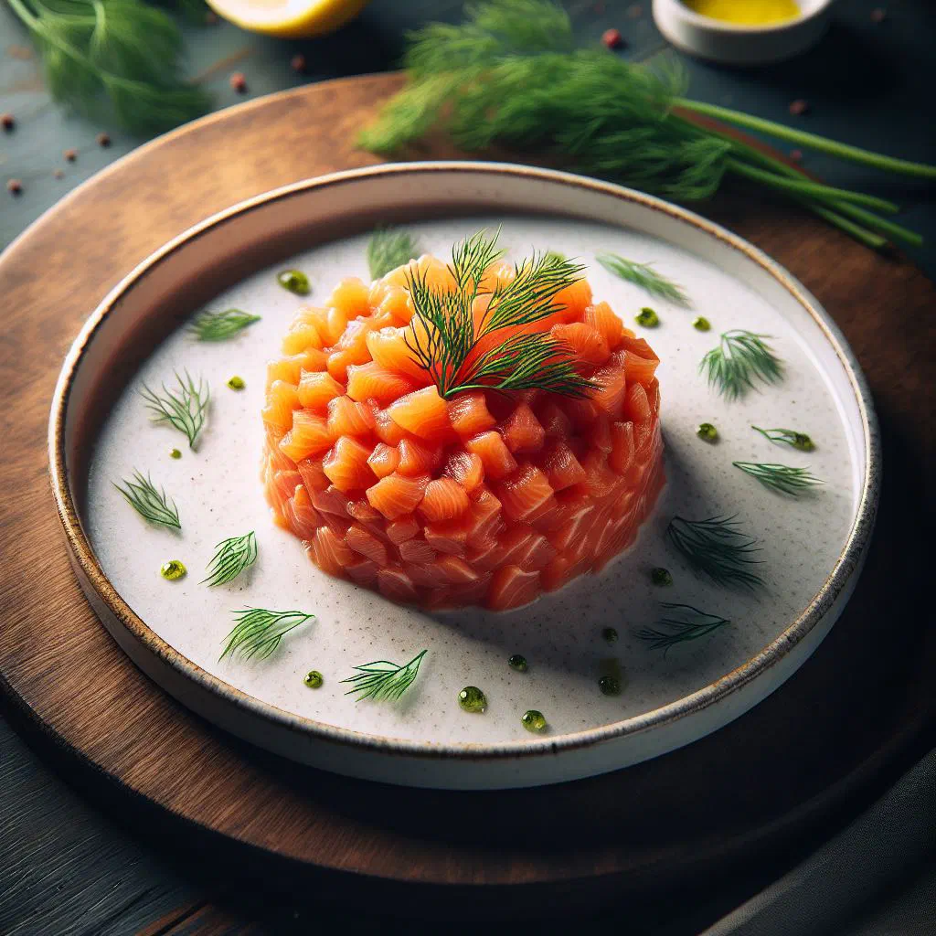 Smoked salmon tartare with avocado and dill served as an elegant starter