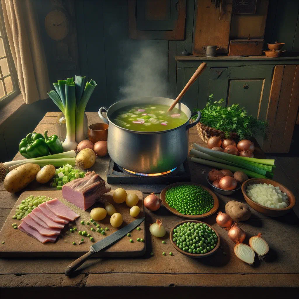 A bowl of thick Dutch snert pea soup garnished with fresh parsley
