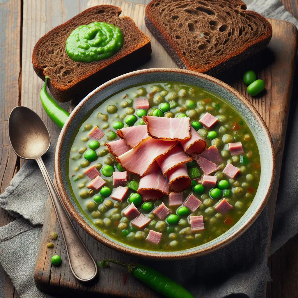 Bowl of thick Dutch snert pea soup served with slices of rye bread